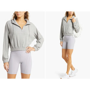 NWOT Zella Half Zip Ribbed Hoodie Women's Elastic Waist Light Gray Size L